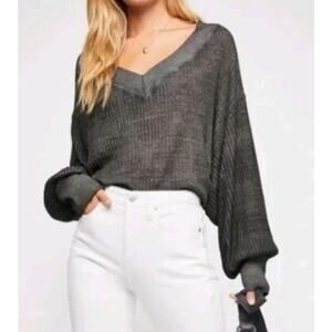 We The Free People Gray South Side Waffle Knit Burnout Thermal Medium Balloon